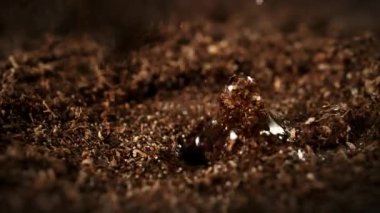 Süper Yavaş Hareket Ayrıntılı Vuruşlar Düşen Düşen ve Toprak Substrat 'a Sıçrayan. Yüksek Hız Sinema Kamerası, 4K.