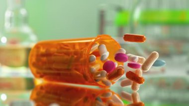 Düşen İlacın Süper Yavaş Hareketi. 300 metrede çeşitli haplarla birlikte. Eczane konsepti. Yüksek Hız Sinema Kamerası, 4K.
