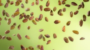 Green Gradient Arkaplan 'da Düşen Fındık Kabuğu' nun Süper Yavaş Çekimi. Yüksek Hız Sinema Kamerası, 4K.