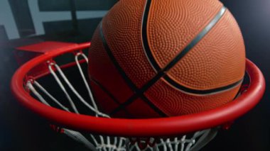 Basketbol topunun süper yavaş hareketi Hoop Net 'ten 1000fps hızla geçiyor. Yüksek Hız Sinema Kamerası, 4K.