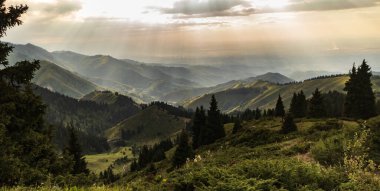 Kazakistan 'ın Almaty dağlarındaki resimli dağ manzarası. Orta Asya 'ya Seyahat.