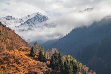 Very low clouds touch the peaks of the Almaty autumn mountains.