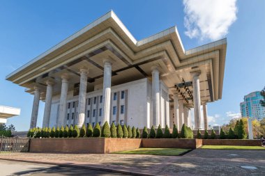 The modern building of the Nursultan Nazarbayev Foundation in the center of Almaty in Kazakhstan. Almaty, Kazakhstan - October 27, 2022