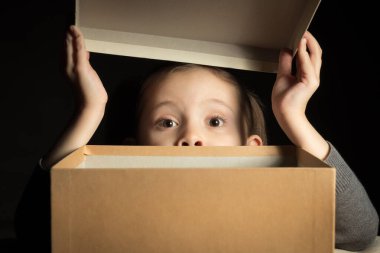 Emotional happy surprised little girl opens a long-awaited package with a gift, copy space on cardboard, look at camera.