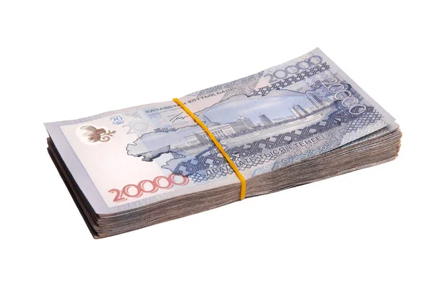 Bundle Kazakhstan Banknotes 20000 Tenge Tied Elastic Band Isolated White — Foto de Stock