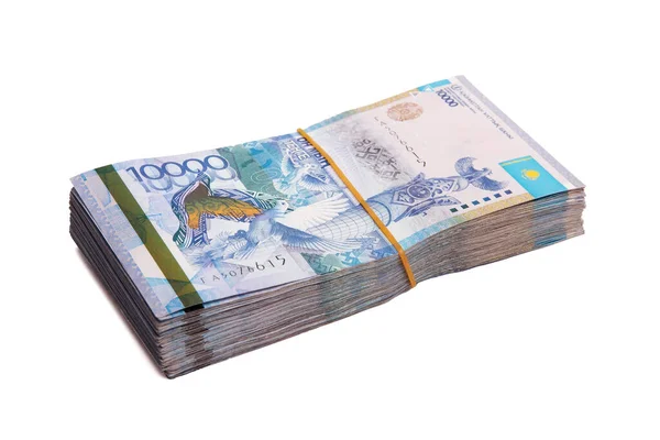 Bundle Kazakhstan Banknotes 10000 Tenge Tied Elastic Band Isolated White — Foto de Stock