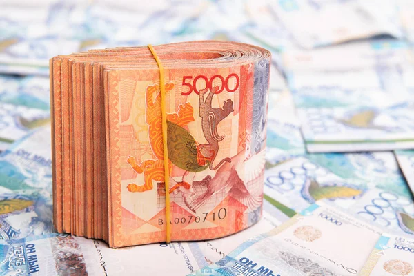 Pack 5000 Banknotes Kazakhstan Tenge Background Lay Out Kazakhstani Money — Foto de Stock