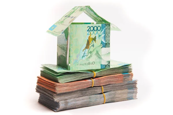 House Made Banknotes Kazakh Money Stands Packs Tenge Mortgage Concept — Foto de Stock