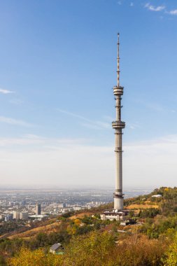Vertical view from the Kok Tobe mountain with a TV tower to the city of Almaty. Almaty, Kazakhstan - September 28, 2022