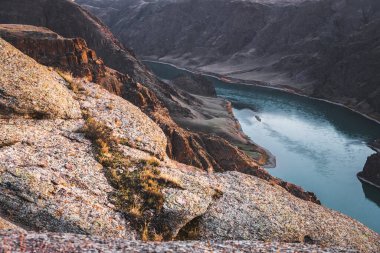 Ili river view in rocky gorge, Almaty region, Central asian nature landscape.