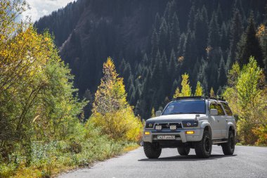Japanese off-road used white car Toyota Hilux Surf on autumn mountain road. Almaty, Kazakhstan - September 28, 2022 clipart