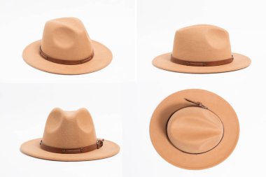 Dört açılı set kahverengi safari tarzı şapkayı kadınlar için askılı, izole beyaz arka plan.