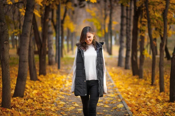 Sonbahar Parkında Sonbahar Yaprakları Dökülmüş Genç Bir Irk Kadını — Stok fotoğraf