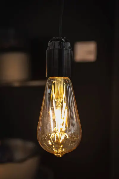 Vintage Edison Lámpa Meleg Színben Izzószálakkal Sötét Loft Kávézó Belsejében — Stock Fotó