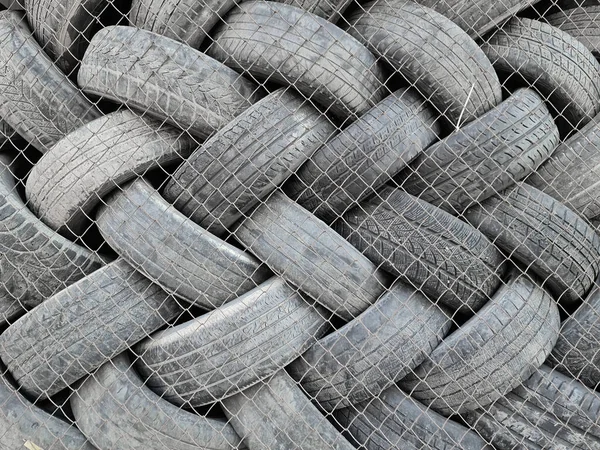Old Used Rubber Car Tires Stacked Orderly Pile Industry Grunge — Stock Photo, Image