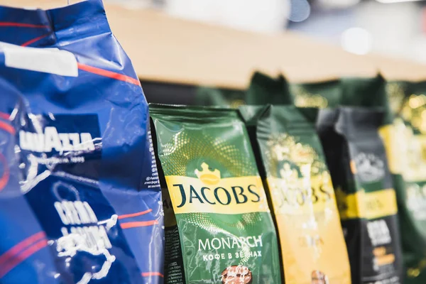 stock image Coffee Jacobs Monarch, Lavazza and other on the shelf in the retail store. Almaty, Kazakhstan - April 15, 2023