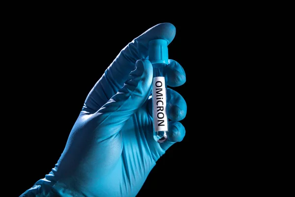Hand Medical Blue Rubber Glove Holds Blood Test Tube Inscription — Stock Photo, Image