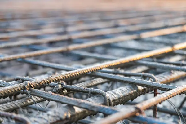 Pouring Concrete Reinforcement Frame Interfloor Slab Close Shallow Depth Field Royalty Free Stock Images