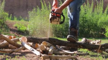 Bir insan resim gibi, yemyeşil bir açık havada odun kesmek için ustalıkla testere kullanır.