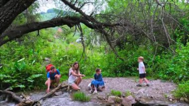 Bir grup çocuk ve ailesi neşe içinde neşeli bir anın tadını çıkarıyorlar yemyeşil, canlı bir akarsuda.