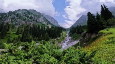 Almaty Dağı Yazı Dağ Geçidi 'ndeki muhteşem manzara Tuyuksu, Kazakistan - Orta Asya' nın doğası, Manzaralı dağ nehri.