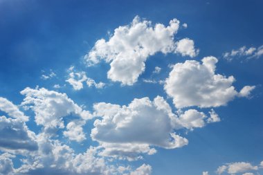 Gökyüzü, tüylü beyaz kümülüs bulutlarıyla süslenmiş sakin bir elektrik mavisiydi. Bu doğal manzara, atmosferdeki sakin ve güzel bir tuvaldi..