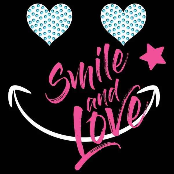 Illustration Text Smile Love Hearts Crystal Rhinestones Happy Face — Stock Vector