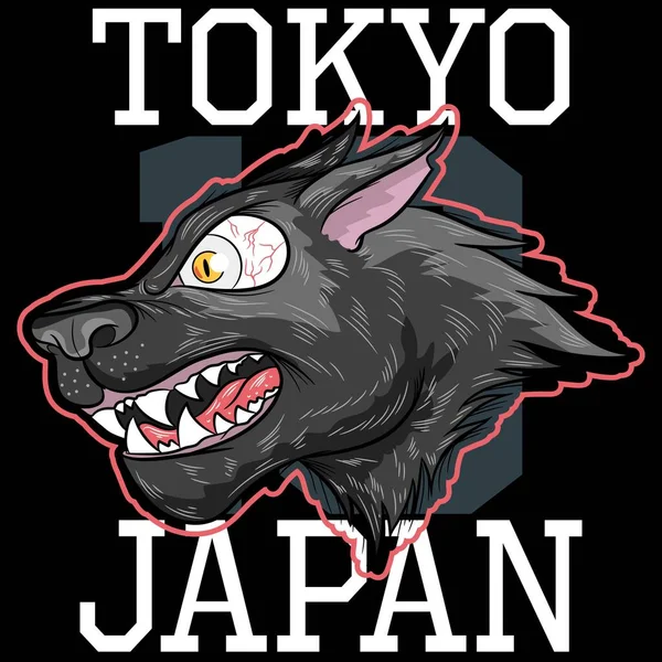 Ilustracja Varsity Cool Wolf Tekstem Tokio Japonia Numer Tle Styl — Wektor stockowy