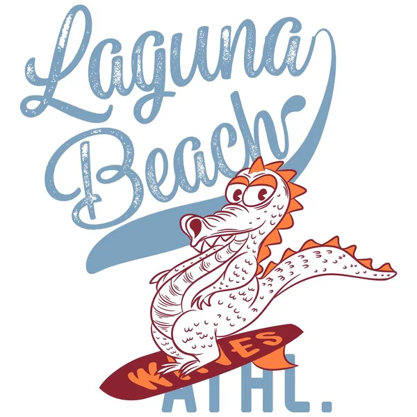 Illustration Planche Surf Lézard Avec Design Collège Texte Laguna Beach — Image vectorielle