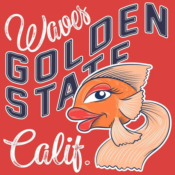 Illustration Japanischer Fisch Koi Mit Text College Golden State Waves — Stockvektor