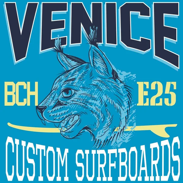 Bob Cat Con Testo Spiaggia Venezia Tavole Surf Personalizzate Design — Vettoriale Stock