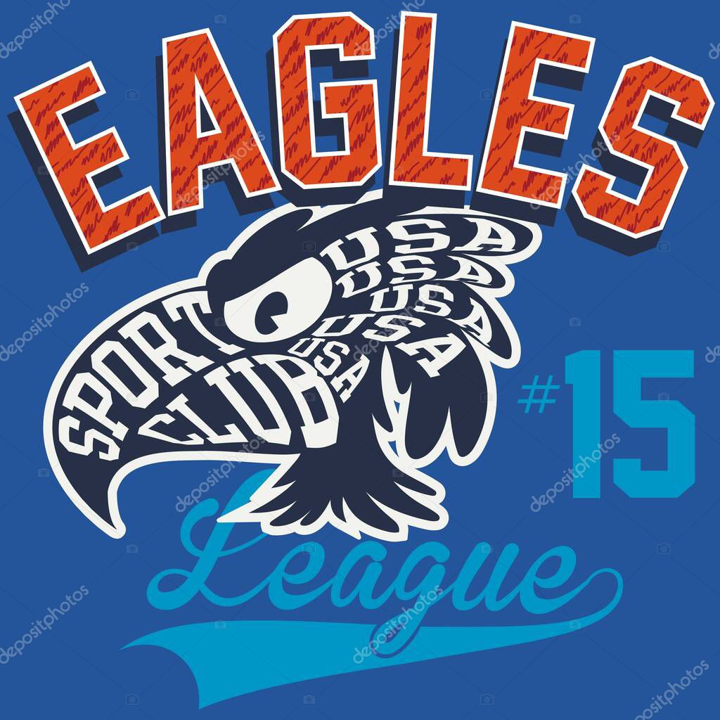 College Eagles with mascot and letters, League 15 Varsity style. fashion design.