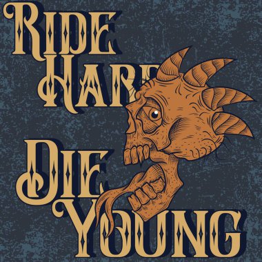 Metni olan illüstrasyon vektörü Zorlu Öl Genç Kafatası 'nı boynuzlu klasik illüstrasyonla