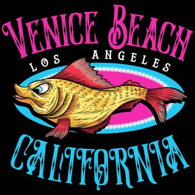 Havalı Balık illüstrasyon vektörü Venice Beach Los Angeles California 'ya mesaj attı. Bahar Yaz Moda Tasarımı.