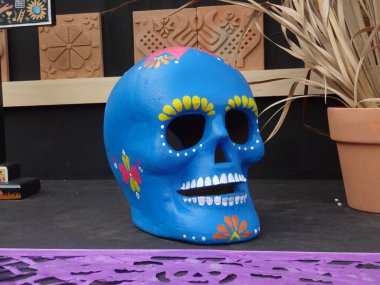 Dia De Los Muertos Cadılar Bayramı Kutlama Arkaplanı Şekerli Fotoğraf, Resim ve Kraliyet Resmi. Seçici Odağı Kopyalama Boşluğu ile Kapat.