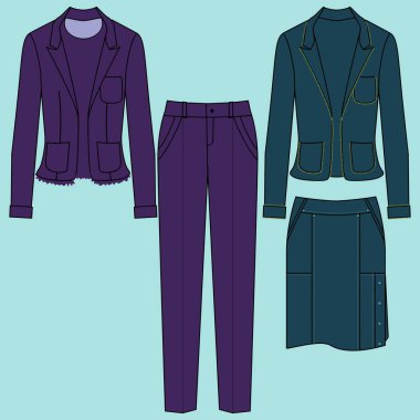 Kadınlar için klimalı ceket. Ceketin teknik çizimi. Ön ve arka desenli düz, beyaz renk. KAD kadın modeli.