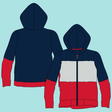 Teknik moda illüstrasyonu Unisex kapüşonlu. Kapüşonlu Sweatshirt seti gezegen teknik çizim moda, cep, fermuar, ön ve arka görüş, beyaz, kadın, erkek CAD makyaj.