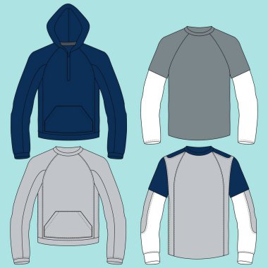 Teknik moda illüstrasyonu Unisex kapüşonlu. Kapüşonlu Sweatshirt seti gezegen teknik çizim moda, cep, fermuar, ön ve arka görüş, beyaz, kadın, erkek CAD makyaj.