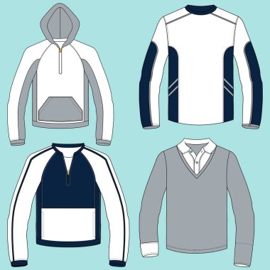 Teknik moda illüstrasyonu Unisex kapüşonlu. Kapüşonlu Sweatshirt seti gezegen teknik çizim moda, cep, fermuar, ön ve arka görüş, beyaz, kadın, erkek CAD makyaj.