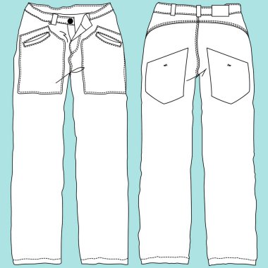 Teknik moda tasviri Unisex pantolonu. Teknik çizimi gezegensel moda kesimleri, cebi, fermuarı, ön ve arka görüntüsü, beyaz, kadın, erkek, CAD makyajı..