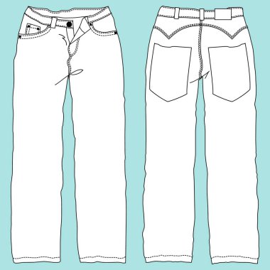 Teknik moda tasviri Unisex pantolonu. Teknik çizimi gezegensel moda kesimleri, cebi, fermuarı, ön ve arka görüntüsü, beyaz, kadın, erkek, CAD makyajı..