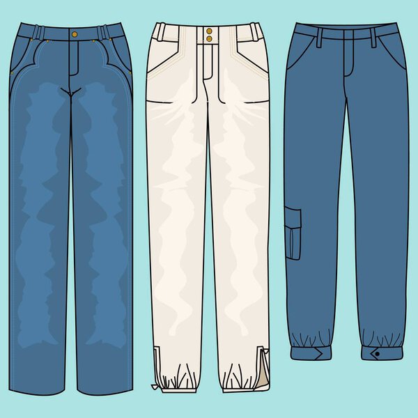 Blue denim vector set - illustration of basic types of men jeans on white background.