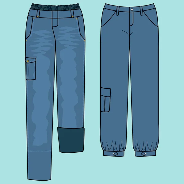 蓝色斜纹斜纹棉布 白色背景的基本男式牛仔裤的图解 — 图库矢量图片