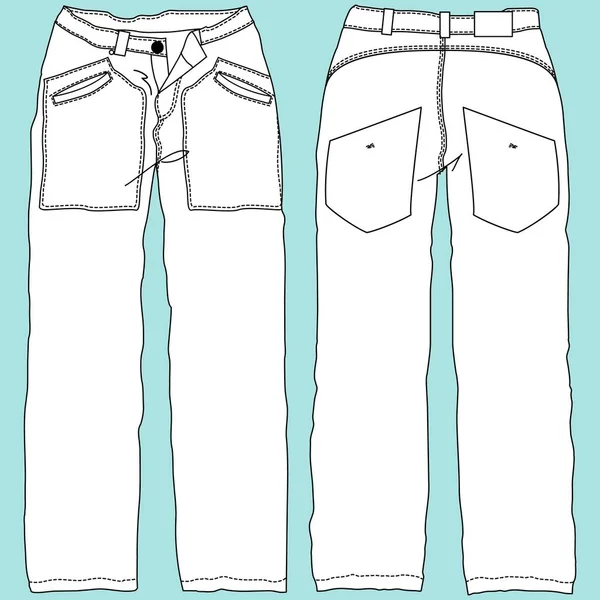 Illustrazione Tecnica Moda Pantaloni Denim Unisex Con Disegno Tecnico Tagli — Vettoriale Stock