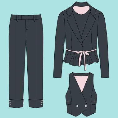 Teknik moda illüstrasyonu Unisex Clothes, Bluzları simgelerdi. Teknik çizim, gezegensel kadın bez koleksiyonu, cep, fermuar, ön ve arka görüş, beyaz, kadın, erkek CAD makyajı.