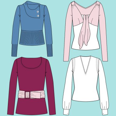 Teknik moda illüstrasyonu Unisex Clothes, Bluzları simgelerdi. Teknik çizim, gezegensel kadın bez koleksiyonu, cep, fermuar, ön ve arka görüş, beyaz, kadın, erkek CAD makyajı.