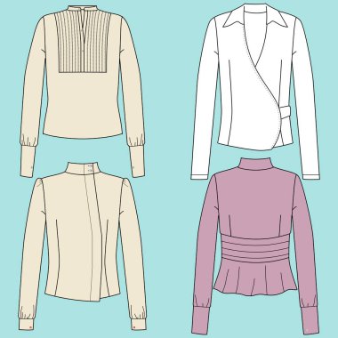 Teknik moda illüstrasyonu Unisex Clothes, Bluzları simgelerdi. Teknik çizim, gezegensel kadın bez koleksiyonu, cep, fermuar, ön ve arka görüş, beyaz, kadın, erkek CAD makyajı.