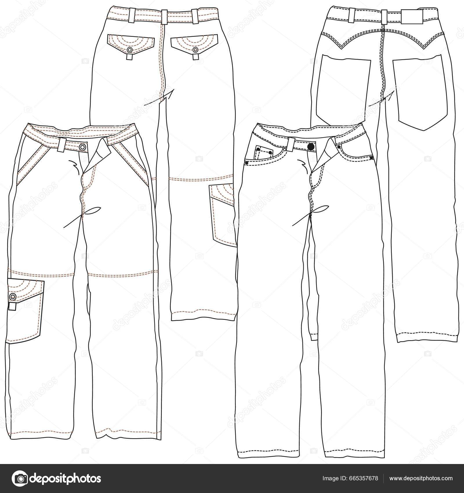 Silhuetas Linhas Técnicas Calças Jeans Com Cortes Sazonais Bolsos Para vetor(es)  de stock de ©Kamui7mx 665357678