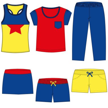 Hem erkek hem de kadınlar için mevsimlik giysiler için siluetler ya da teknik çizgiler, bazılarının ön, çanta ve kaputu açık.