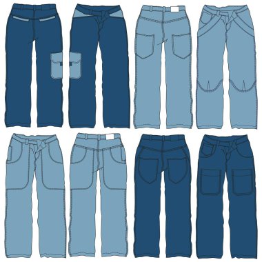 Erkek, erkek, kız ya da kadın için mevsimlik kesim ve cepleri olan kot pantolonların siluetleri ya da teknik çizgileri.